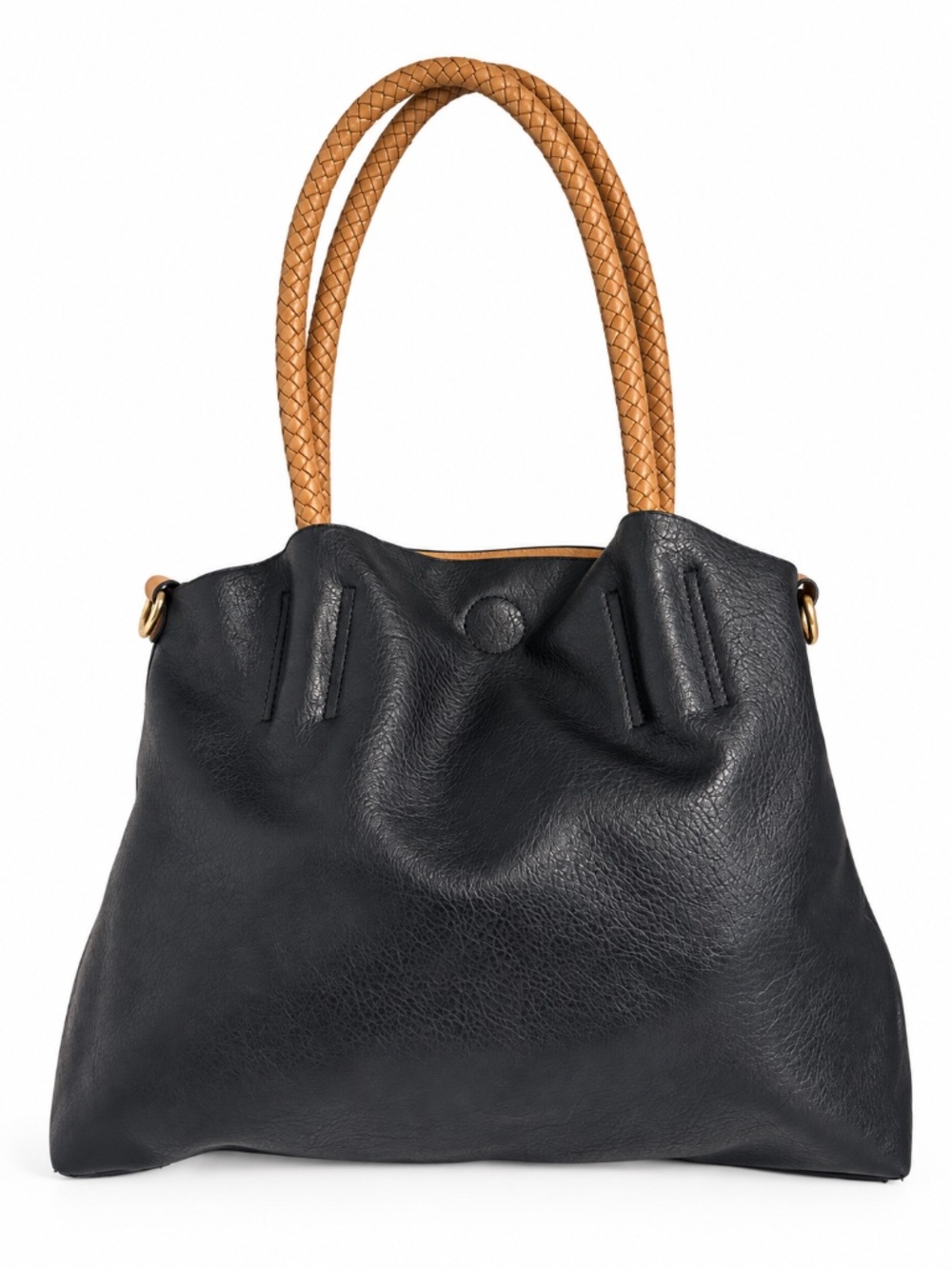 Black Slouchy Tote Bag Tan Braided Handles Gold Tone Shoulder Bag